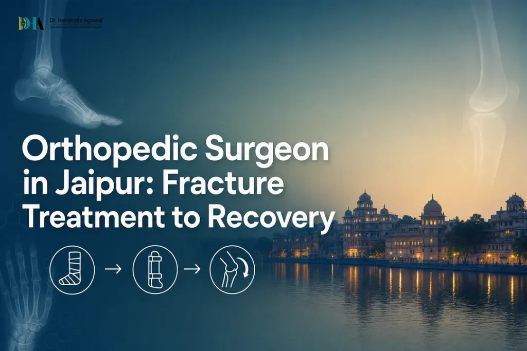 Featured image showing fracture care concepts by an orthopedic surgeon in jaipur with Jaipur skyline and bone graphics