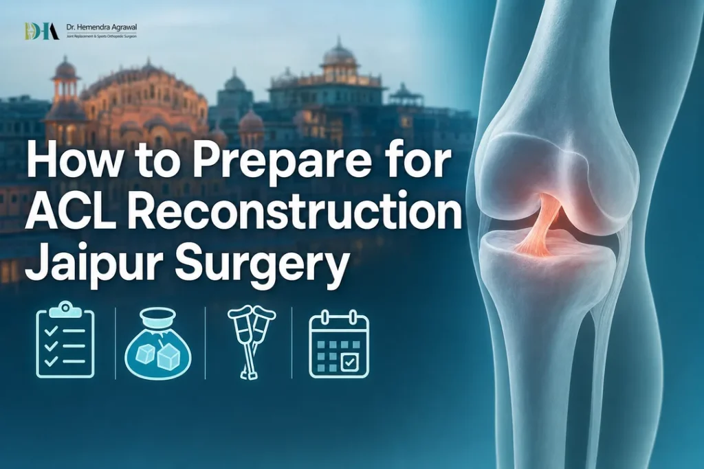 Clean cover image showing checklist and knee anatomy for acl reconstruction jaipur surgery