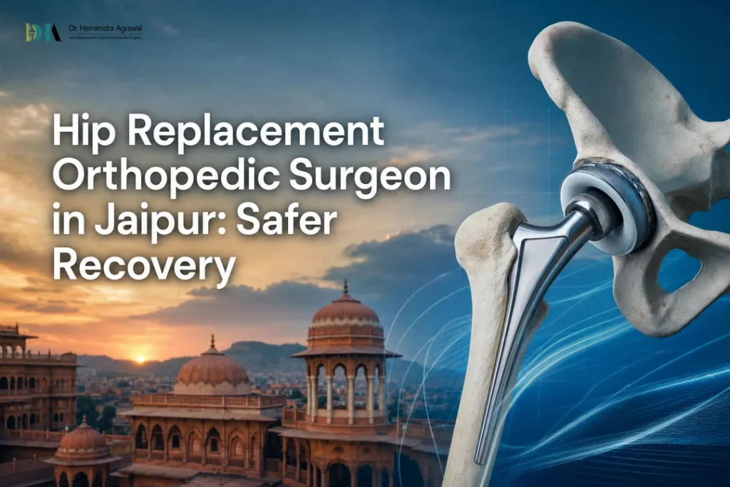 Modern cover showing Jaipur skyline and hip implant for orthopedic surgeon in jaipur