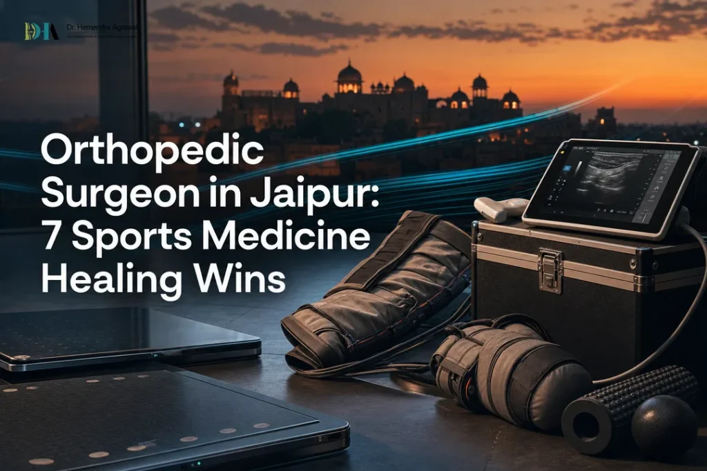 Sports recovery tools and Jaipur skyline illustrating advanced care by an orthopedic surgeon in jaipur.