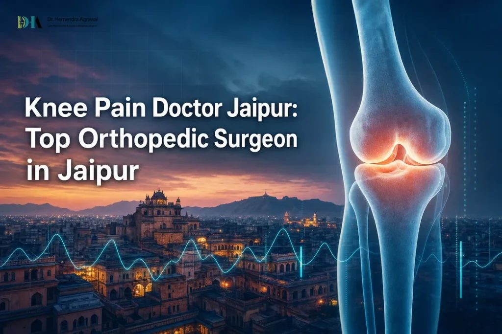 Illustrated knee joint over Jaipur skyline by an orthopedic surgeon in jaipur