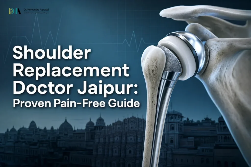 Illustrated shoulder implant with Jaipur skyline for shoulder replacement doctor jaipur