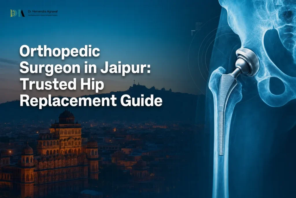 Jaipur skyline with hip joint graphic illustrating guidance from an orthopedic surgeon in jaipur
