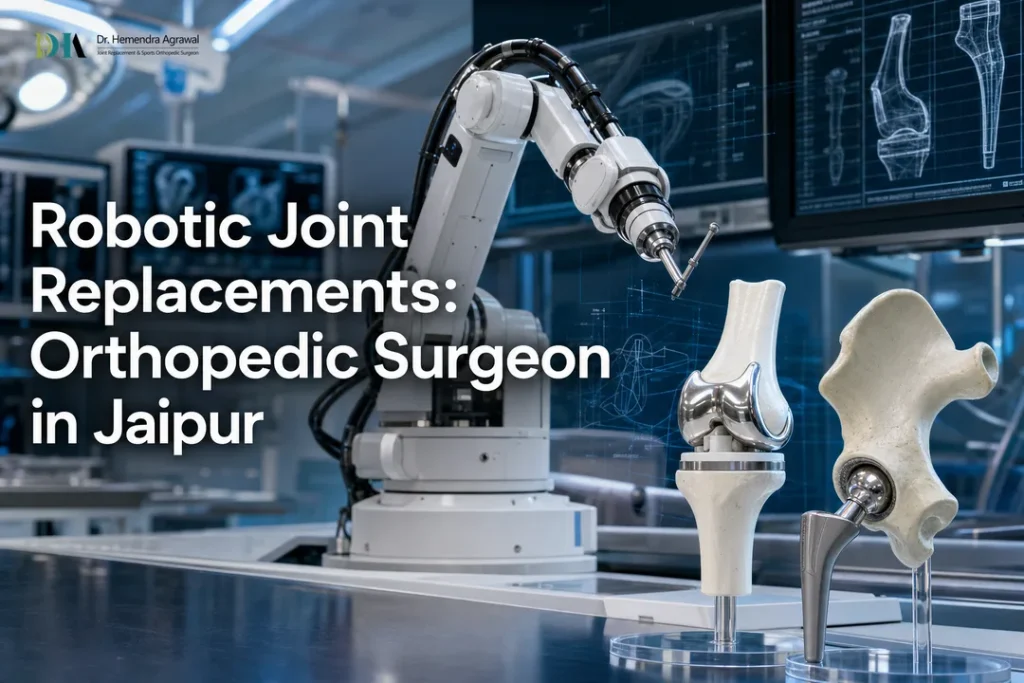 Featured image illustrating robotic joint surgery by an orthopedic surgeon in jaipur with knee and hip implants.