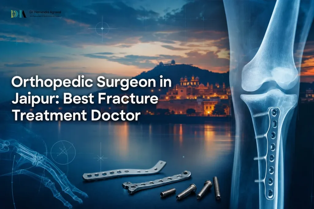 Featured image illustrating orthopedic surgeon in jaipur with fracture fixation graphics and Jaipur skyline.