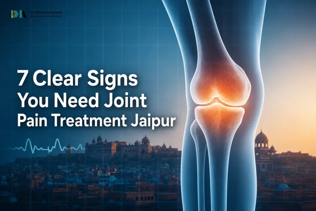 Featured image showing a knee diagram and Jaipur skyline for joint pain treatment jaipur