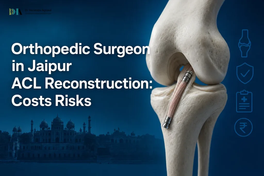 Illustrated ACL reconstruction concept with Jaipur skyline by an orthopedic surgeon in jaipur