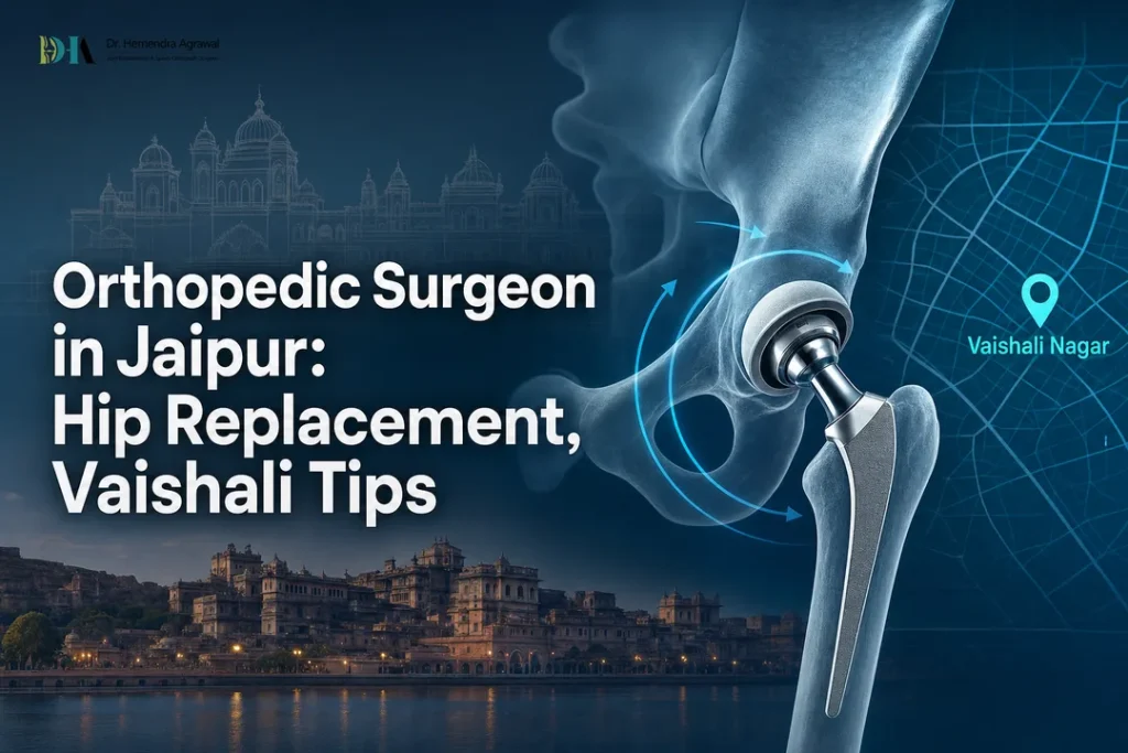 Featured image showing a hip joint and Jaipur map for an orthopedic surgeon in Jaipur