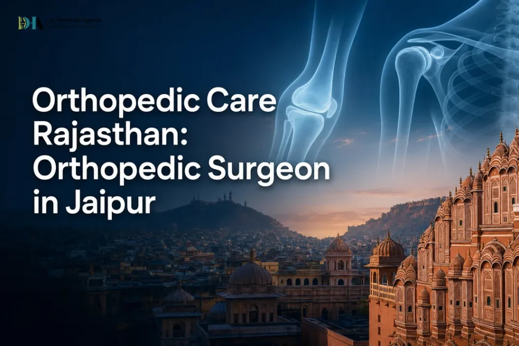 Featured image for an orthopedic surgeon in jaipur showing Jaipur skyline and orthopedic joint graphics.