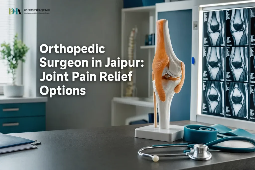 Modern clinic desk setup with a knee model and MRI films representing an orthopedic surgeon in jaipur evaluating joint pain.