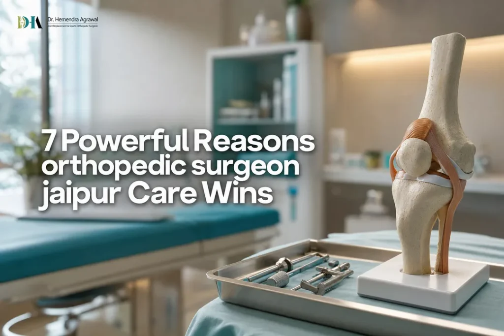 An orthopedic clinic setup with knee model and surgical tools for orthopedic surgeon jaipur care.