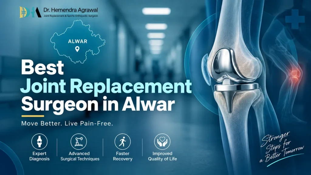 Abstract cover showing knee and hip implants for a joint replacement surgeon serving Alwar patients.