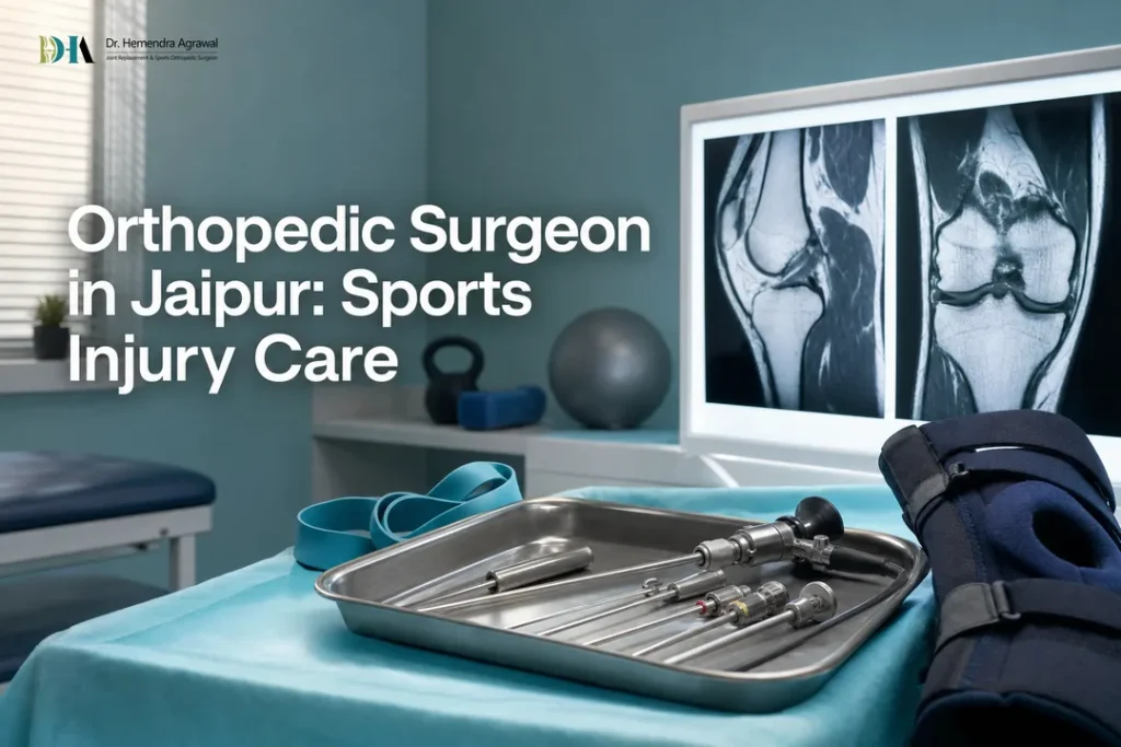Sports injury evaluation tools and knee brace in a clinic, representing orthopedic surgeon in jaipur care for athletes.