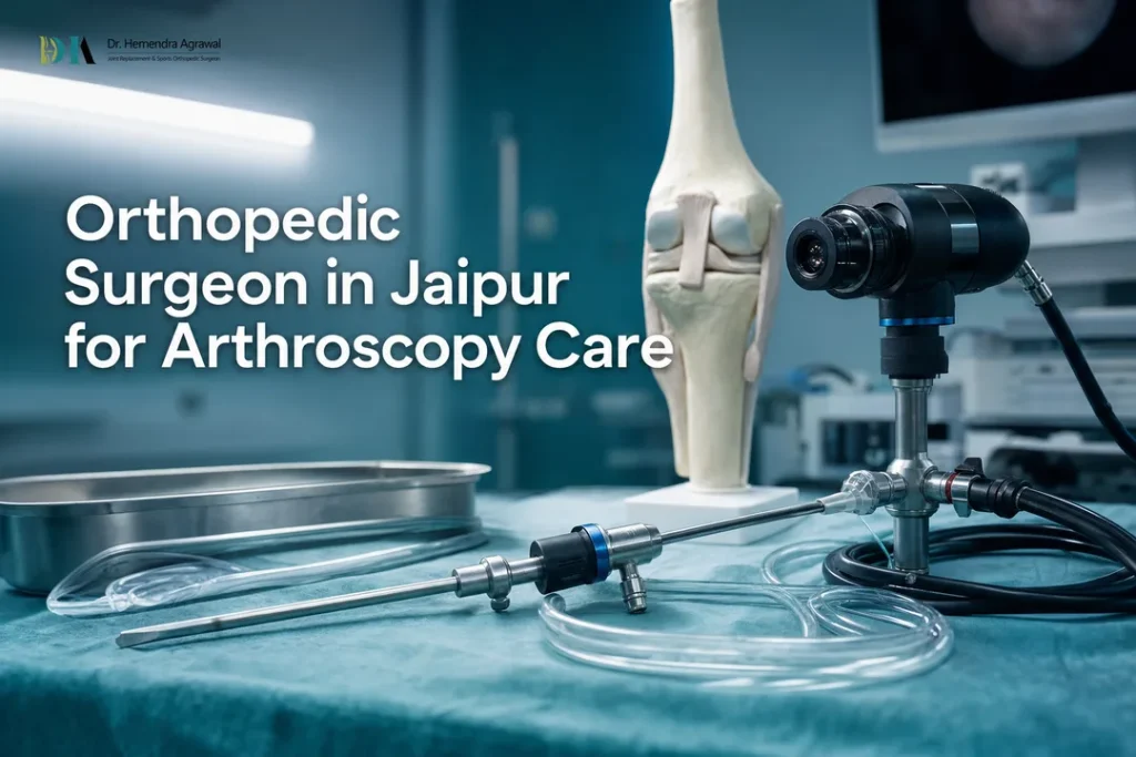 Modern arthroscopy instruments arranged on a sterile tray, representing an orthopedic surgeon in Jaipur providing minimally invasive joint care.